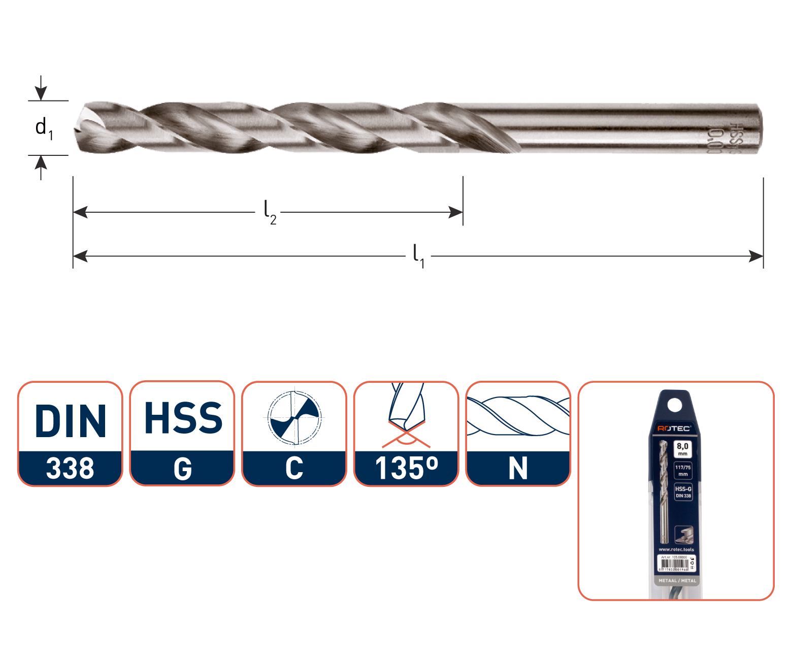 Rotec HSS-G spiraalboor, DIN 338, type N, diam. 2,0 in kleinverp. [2]