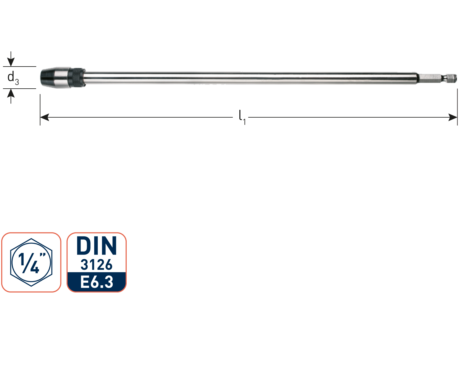 Rotec Verlengstuk 1/4'''' E6.3 met snelspanaansluiting L=330 (vpe 1)